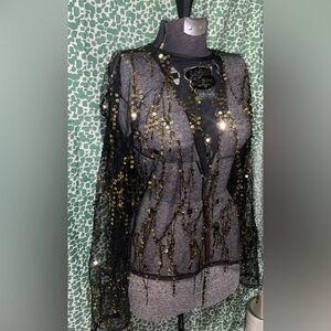 Nasty Gal Sheer Sequin Long Sleeve Top w/ Button Loop Back Closure